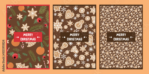 set of christmas and new year greeting card with cookies, gifts, fir