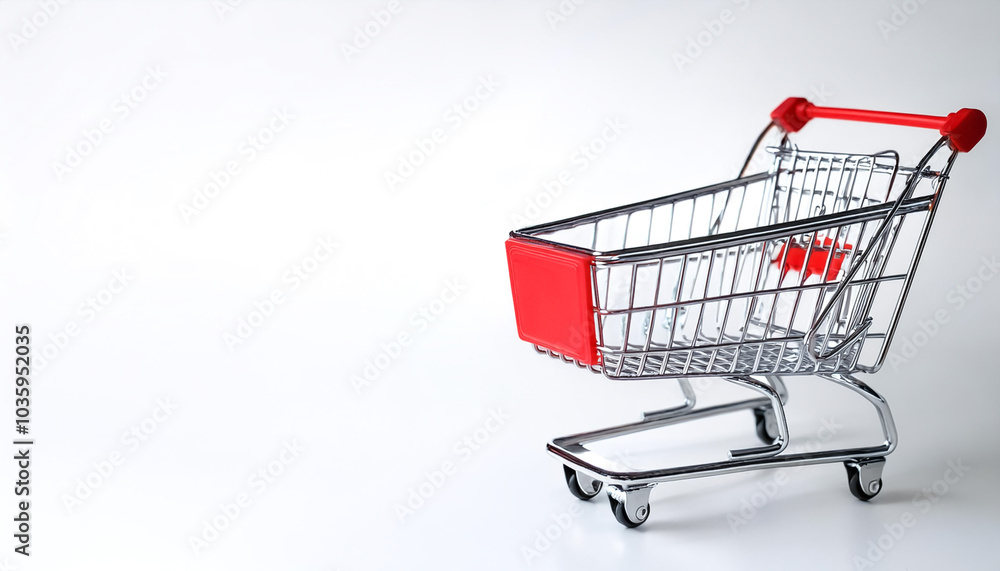 Empty shopping cart with red handle on side position provides copy space for text. background concept isolated white Empty shopping cart with red handle on side position provides copy space for text. background concept isolated white