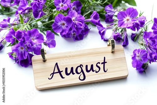 Decorative wooden sign for August set against a crisp white backdrop.