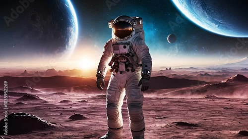 Astronaut Standing on Alien Planet with Space View of Planets

 photo