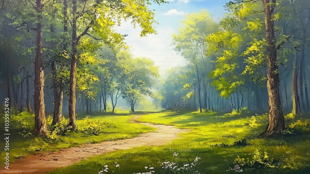 Obraz premium Vibrant oil painting depicting a spring landscape with lush green trees and fresh foliage under a warm and sunny sky