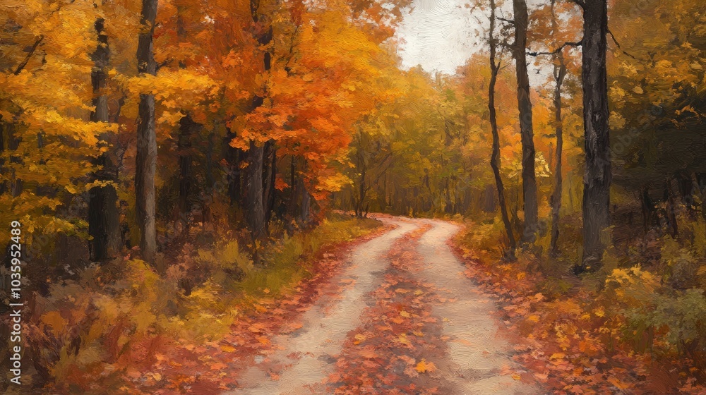 Fototapeta premium Oil painting of a vibrant forest path during autumn showcasing a picturesque landscape adorned with vivid autumn foliage and colorful leaves along the wooded road