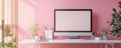 Wallpaper Mural Modern home office setup, workspace element, minimalist design, pastel colors, isolated on white background Torontodigital.ca