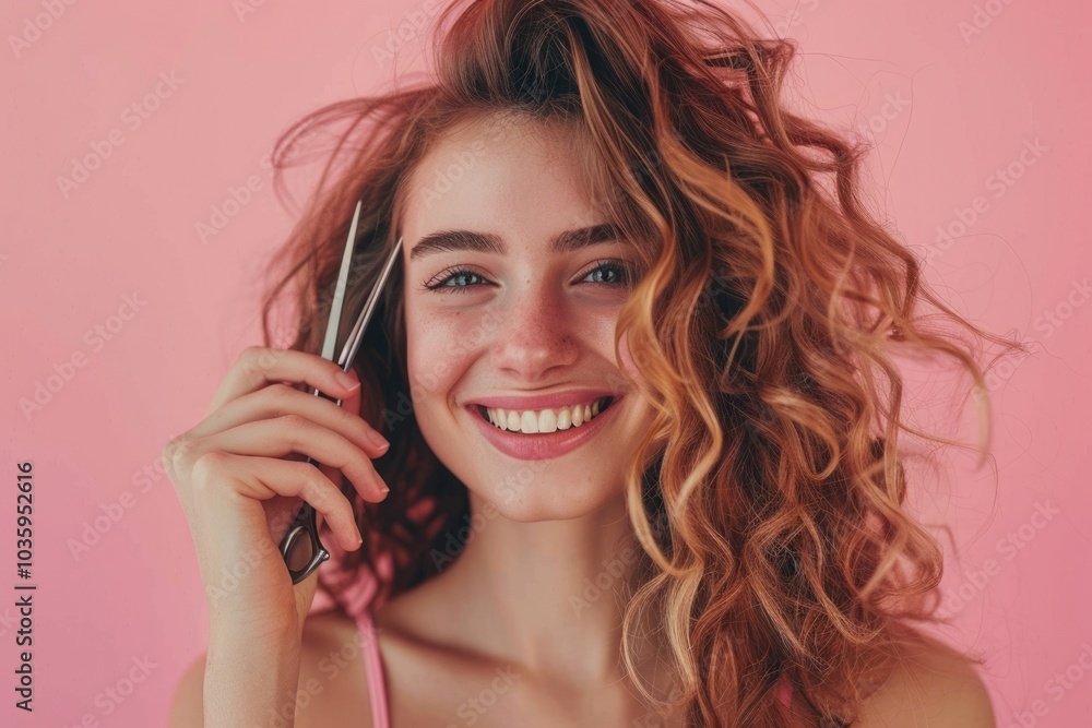 close up of a smiling young woman with beautiful hair hold scissors in one hand pink background close up of a smiling young woman with beautiful hair hold scissors in one hand pink background