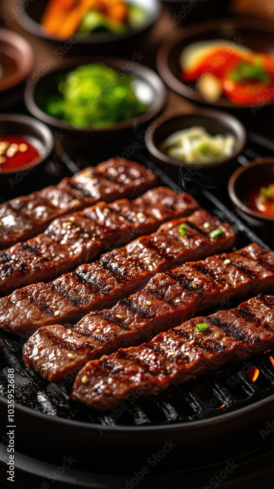 Grilled beef slices sizzling on BBQ with vibrant side dishes nearby Grilled beef slices sizzling on BBQ with vibrant side dishes nearby