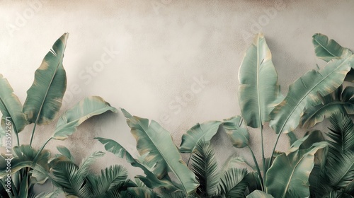 3D rendering of a soft color tropical leaf wallpaper design featuring banana trees in a mural art style for interior design