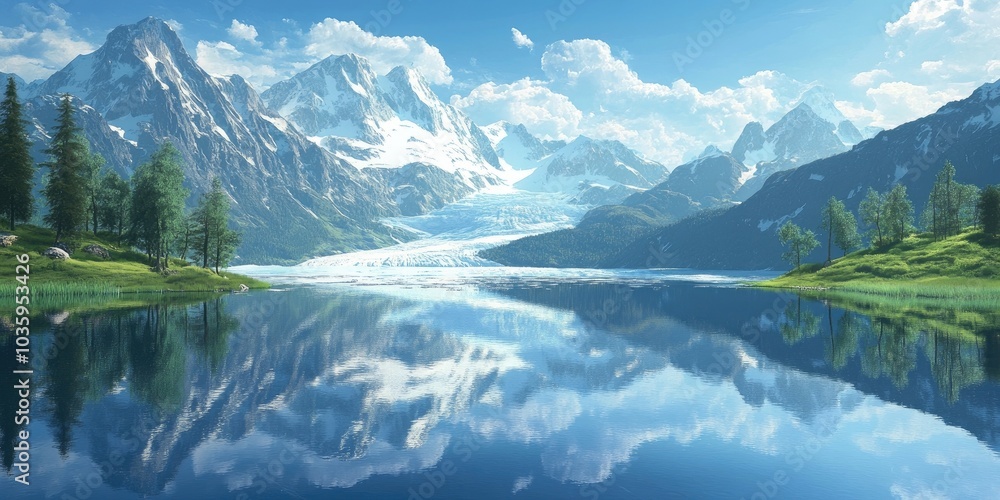 Fototapeta premium Glacier ice in a natural landscape featuring a calm lake and majestic mountains, Tranquil lake reflecting glacier ice and towering mountains in a serene landscape