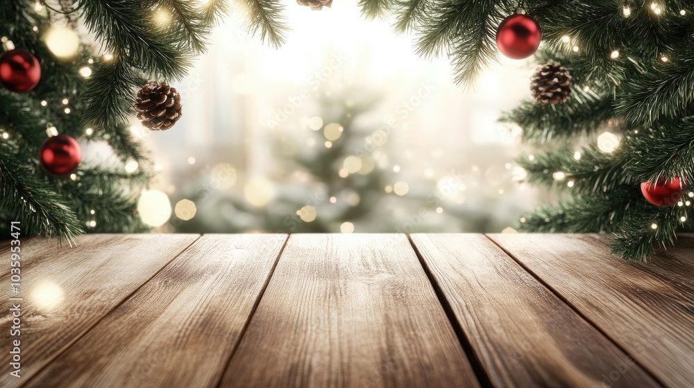 Glittering Christmas holiday background featuring 3D rendering of an empty wooden table Glittering Christmas holiday background featuring 3D rendering of an empty wooden table