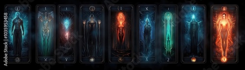 Mystical tarot cards, fantasy element, detailed sketch, dark colors, isolated on white background