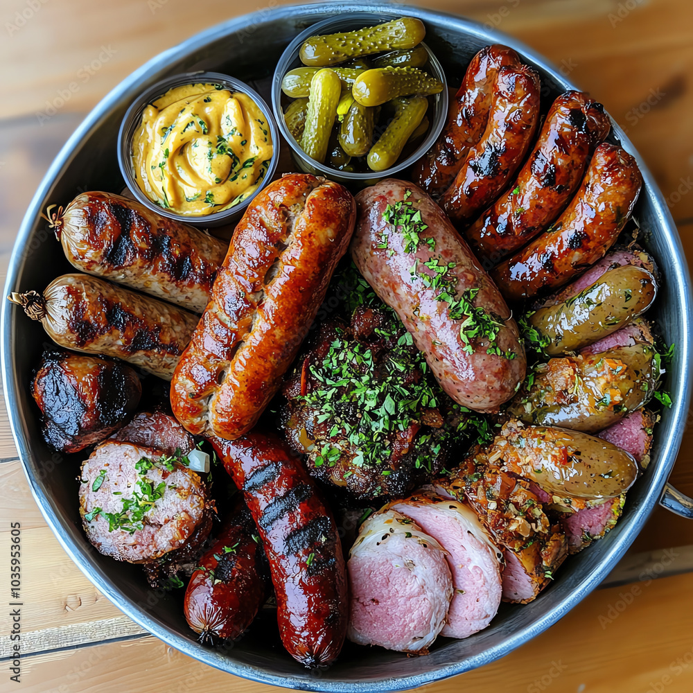 A top view of a sausage sampler platter with various German sausages, garnished with pickles and mustard. A top view of a sausage sampler platter with various German sausages, garnished with pickles and mustard.