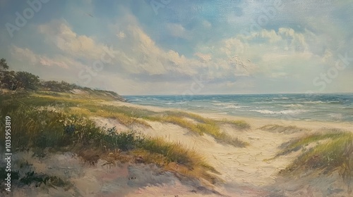 Fototapeta Naklejka Na Ścianę i Meble -  Oil painting depicting scenic views of a coastal landscape with dunes and greenery