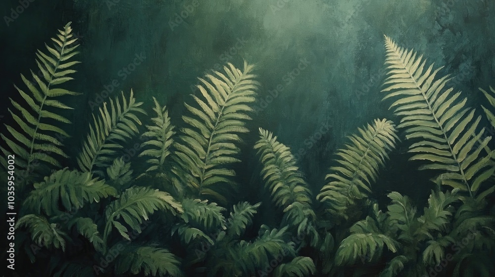 Oil painting featuring a backdrop of lush wild ferns Oil painting featuring a backdrop of lush wild ferns