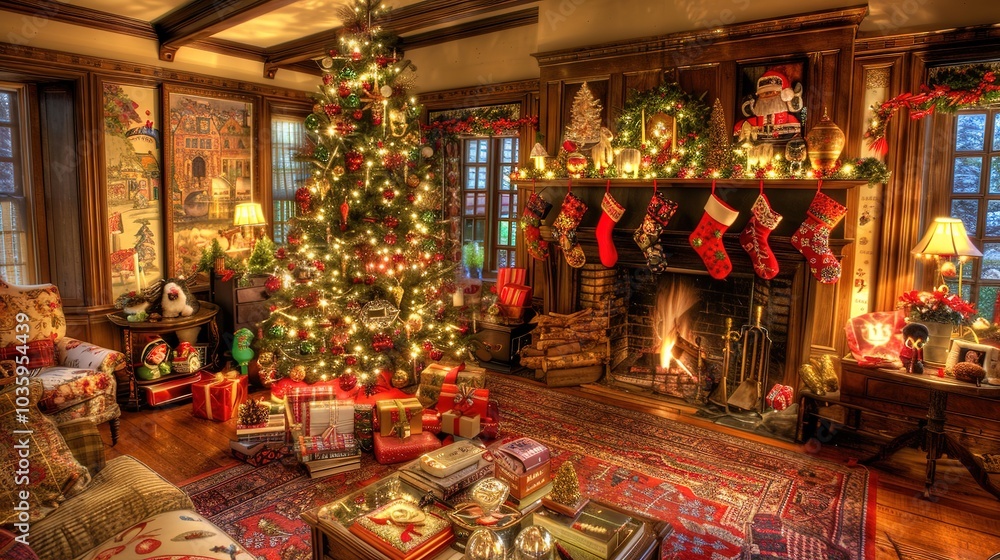 Fototapeta premium Cozy Christmas Living Room: Decorated Tree with Colorful Ornaments, stockings by the Fireplace, and Festive Ambient Glow