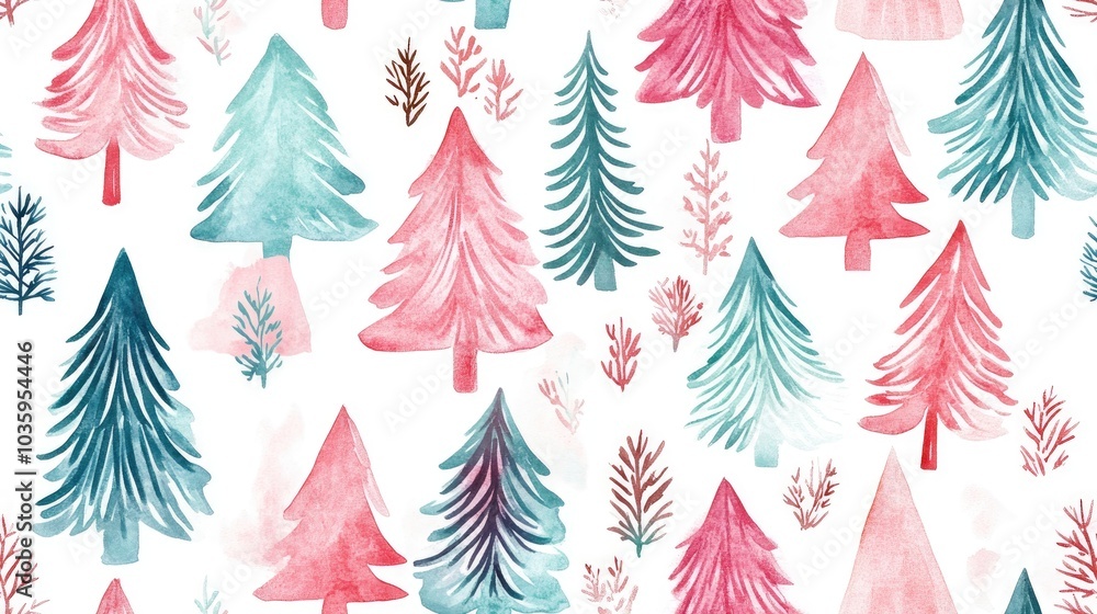 Obraz premium Seamless Festive Pattern Featuring Hand Drawn Watercolor Christmas Trees Ideal for Various Designs Including Paper Wrapping Cards Wallpaper Textiles and Banners