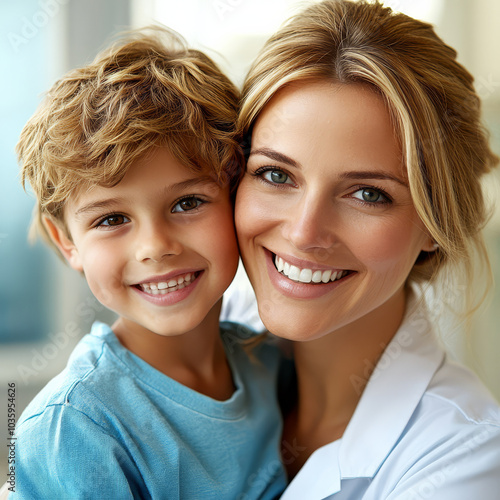 smiling woman and young boy pose together, showcasing warm and joyful connection. woman appears to be professional, possibly dentist, as they both smile brightly