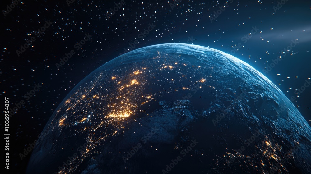 Obraz premium 3D cartoon depiction of a nighttime Earth planet sphere in outer space featuring city lights and elements of life