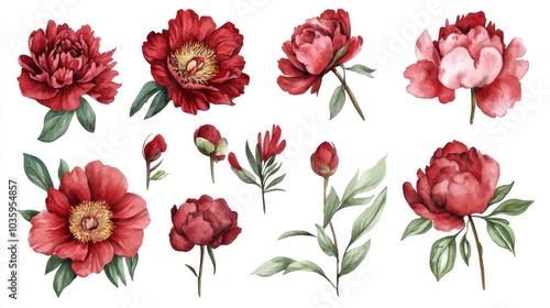 Wallpaper Mural Dark red peony floral botanical elements Isolated wild spring leaves and flowers Watercolor illustration collection Aquarelle artistic design squared frame border ornament Torontodigital.ca