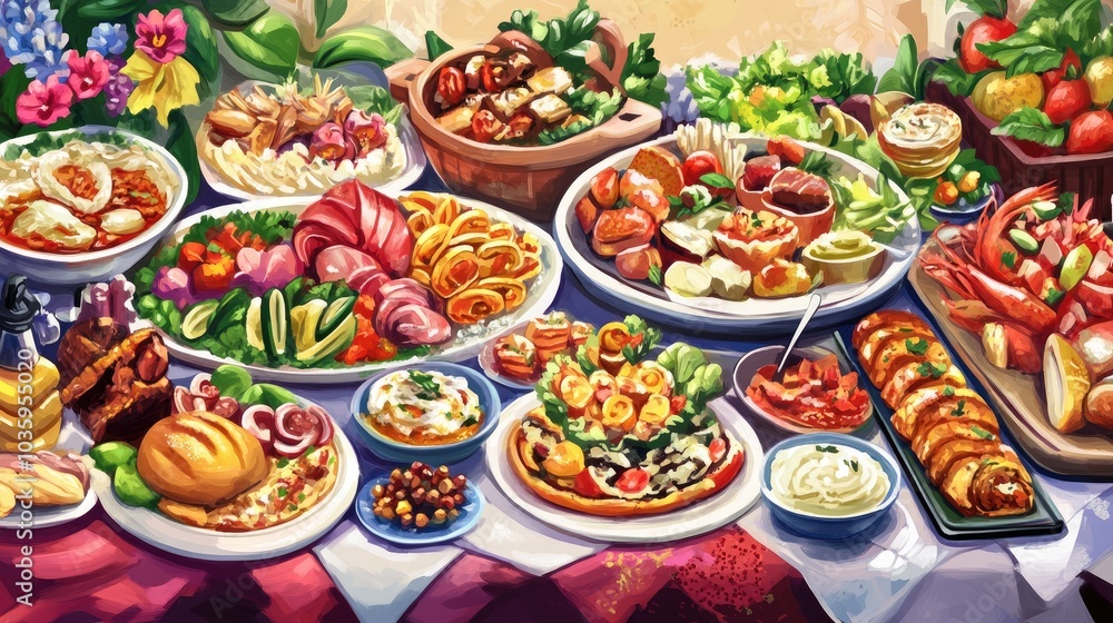 A Horizontal Spread of Opulent Dishes Creates a Colorful Tapestry Enticing the Senses and Offering a Delightful Culinary Experience 2D Cartoon Illustration A Horizontal Spread of Opulent Dishes Creates a Colorful Tapestry Enticing the Senses and Offering a Delightful Culinary Experience 2D Cartoon Illustration