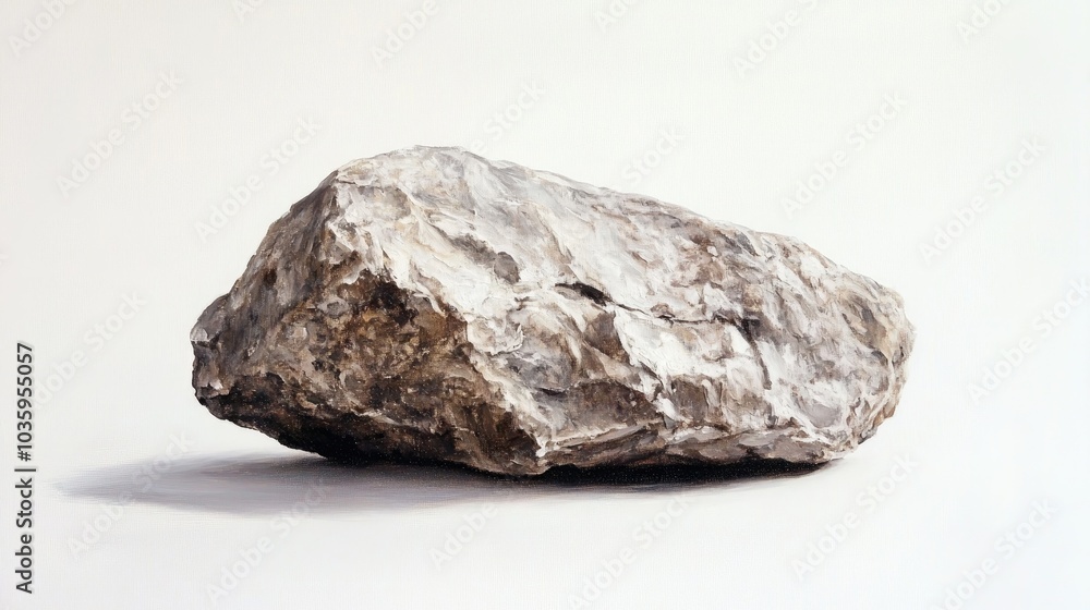 Obraz premium Oil painting featuring a solitary rock on a clean white backdrop emphasizing the unique textures and colors of the natural element