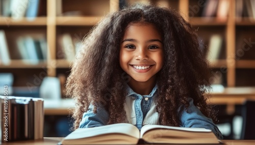 A cheerful black schoolgirl smiles while reading a book at her desk.