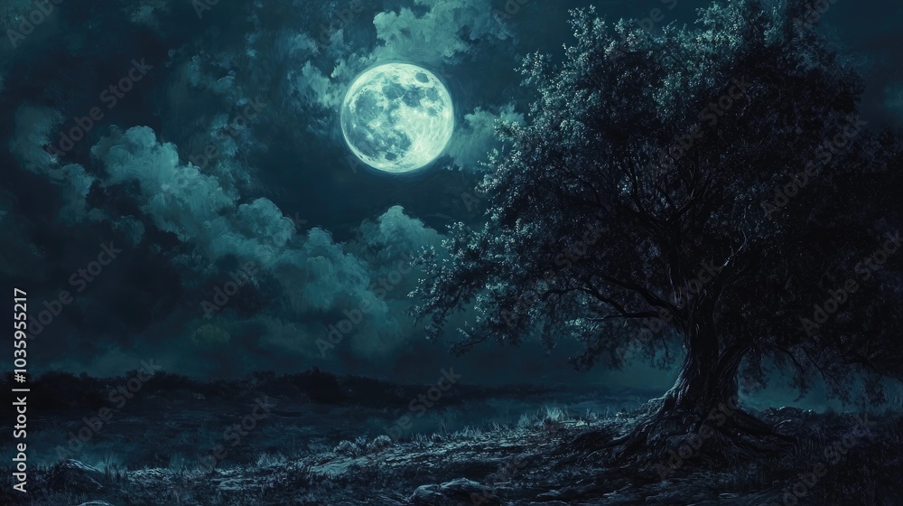Fototapeta premium Oil painting depicting a dark night illuminated by a bright full moon