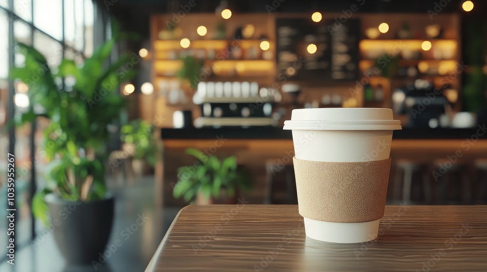 3D rendering of a coffee cup in a contemporary cafe interior 3D rendering of a coffee cup in a contemporary cafe interior