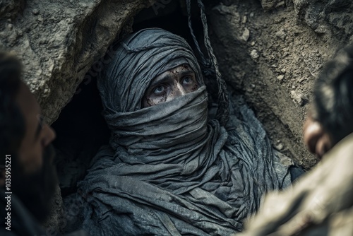 Lazarus emerging from a dark stone tomb, wrapped in burial cloths. Bible story.