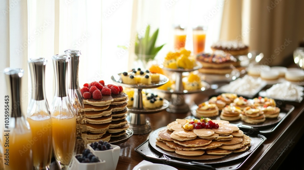 Naklejka premium A delectable pancake bar with options like blueberry, chocolate chip, and banana nut