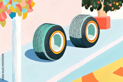 Wallpaper Mural Illustration of two old summer tires showcasing wear and tear designed for coloring book enjoyment Torontodigital.ca