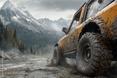 The wheels on an off-road vehicle in mud, with mountains in the background.