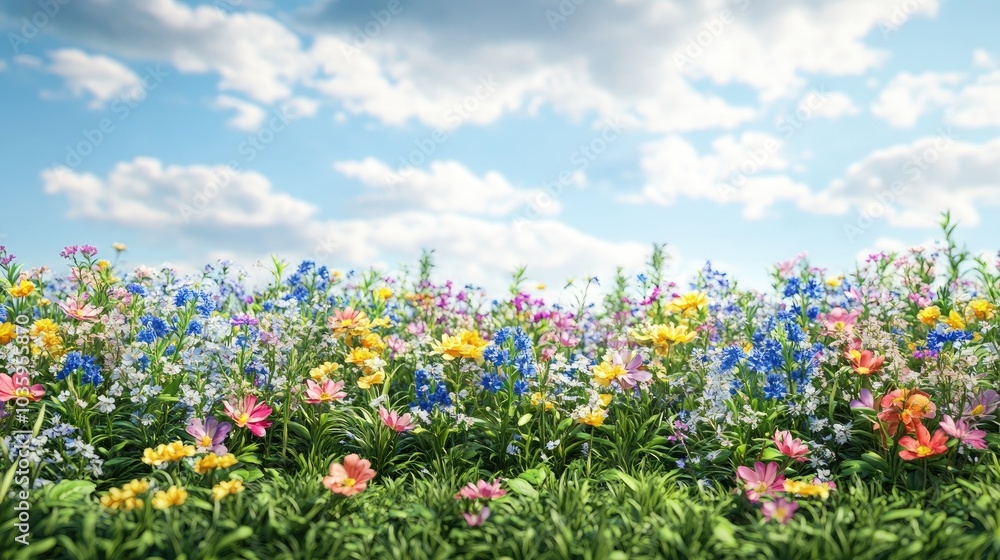 Podium backdrop featuring a field of spring flowers in a natural setting 3D rendering Podium backdrop featuring a field of spring flowers in a natural setting 3D rendering
