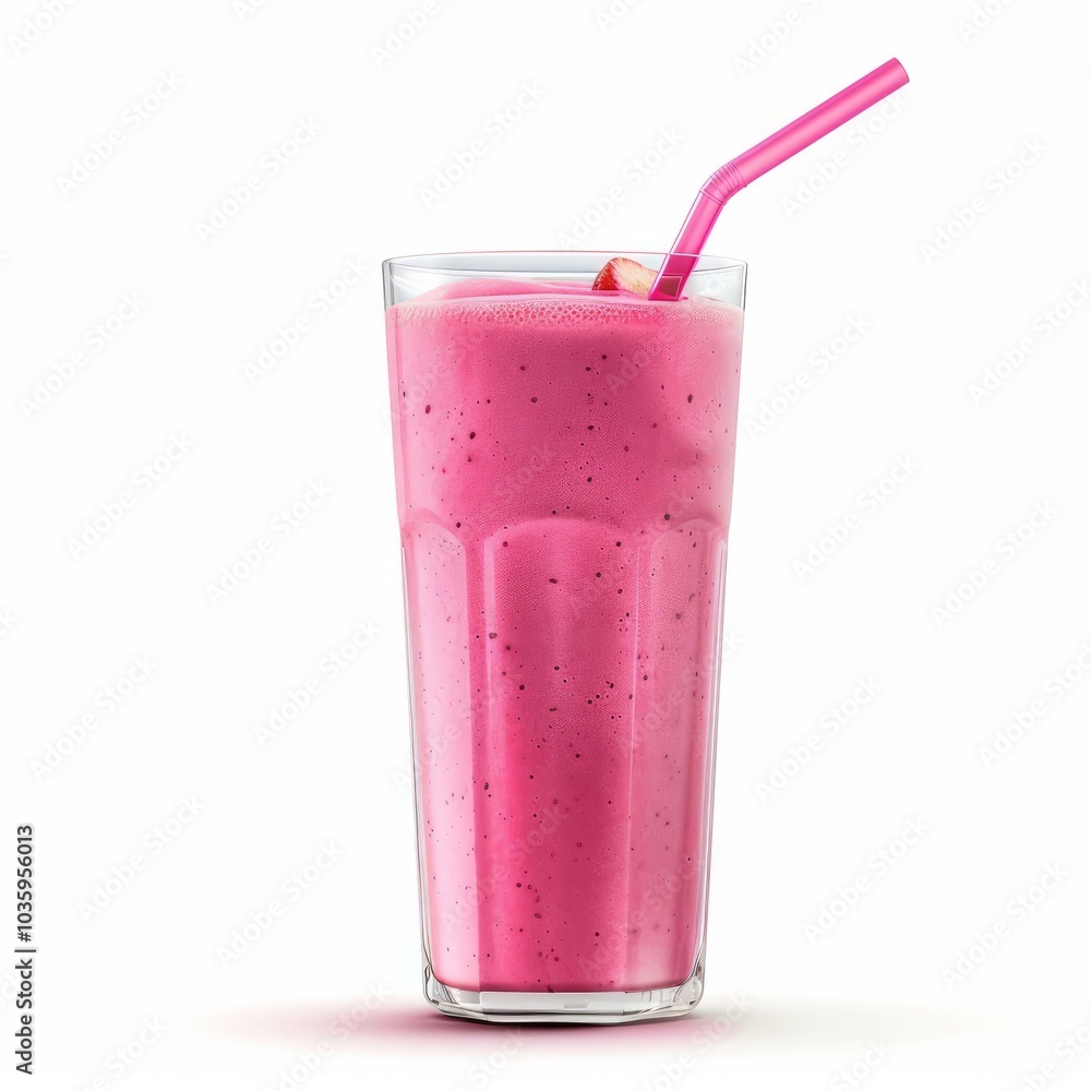 Tall glass with pink smoothie containing strawberry and banana, topped with a slice of strawberry and a pink straw Tall glass with pink smoothie containing strawberry and banana, topped with a slice of strawberry and a pink straw