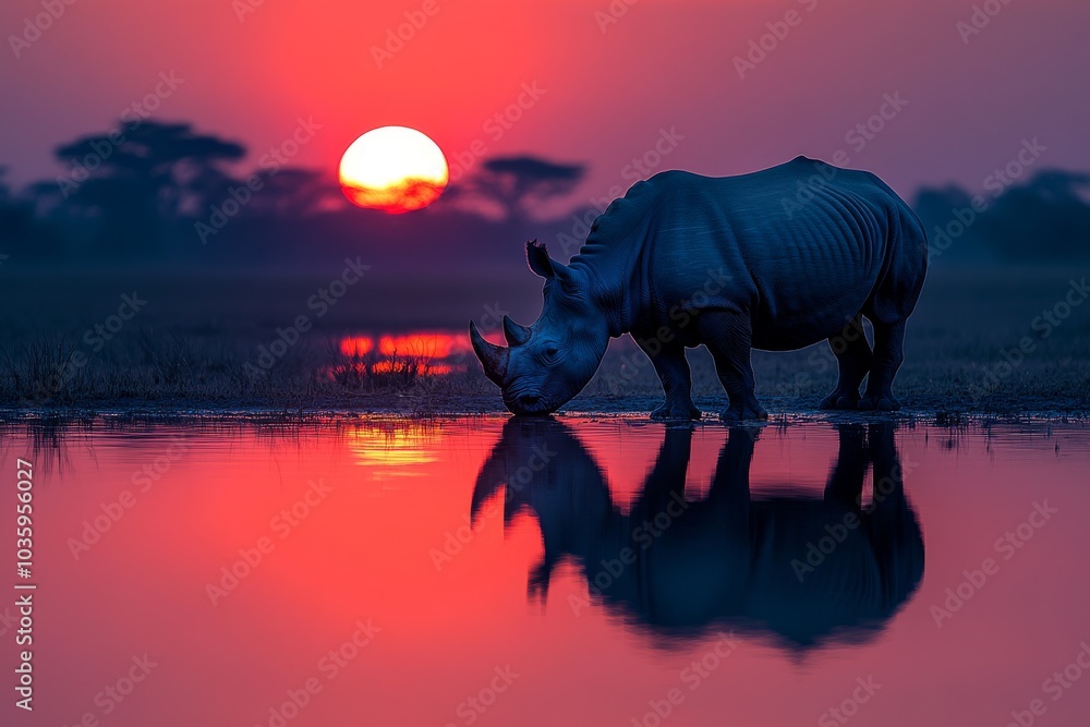 Fototapeta premium A rhinoceros standing by the edge of water at dusk.