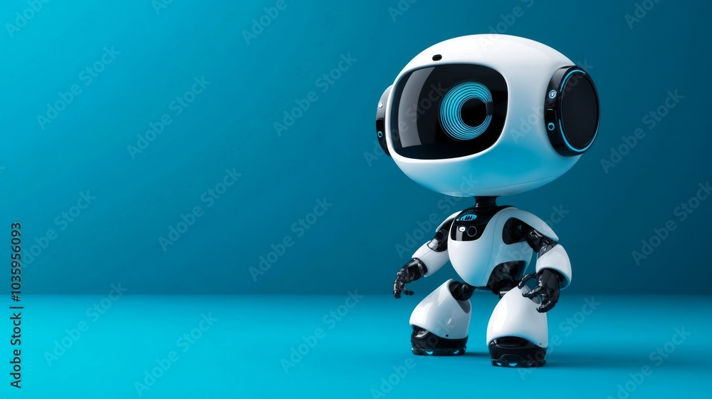 The robot stands out against a striking black-and-blue backdrop. The robot stands out against a striking black-and-blue backdrop.