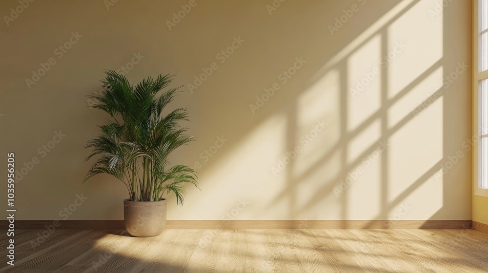 Empty room interior with beige walls and a potted plant on wooden flooring 3D rendering Empty room interior with beige walls and a potted plant on wooden flooring 3D rendering