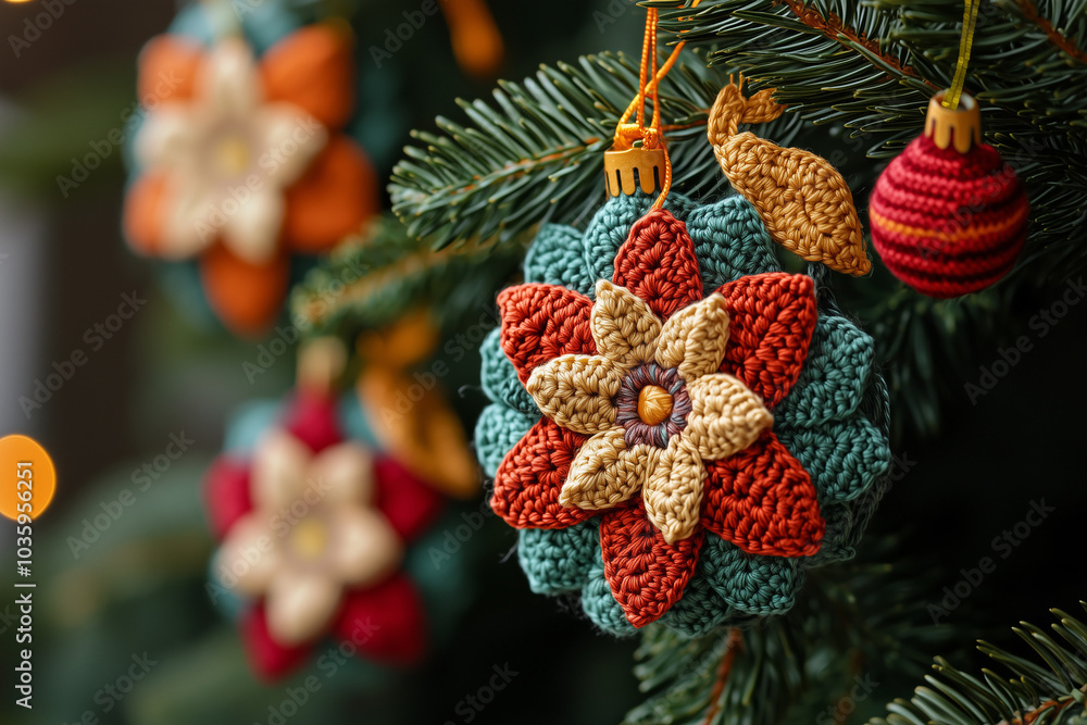 Fototapeta premium Crochet Christmas tree ornament, cute hand knitted Christmas decoration, gift, ornament, and craft