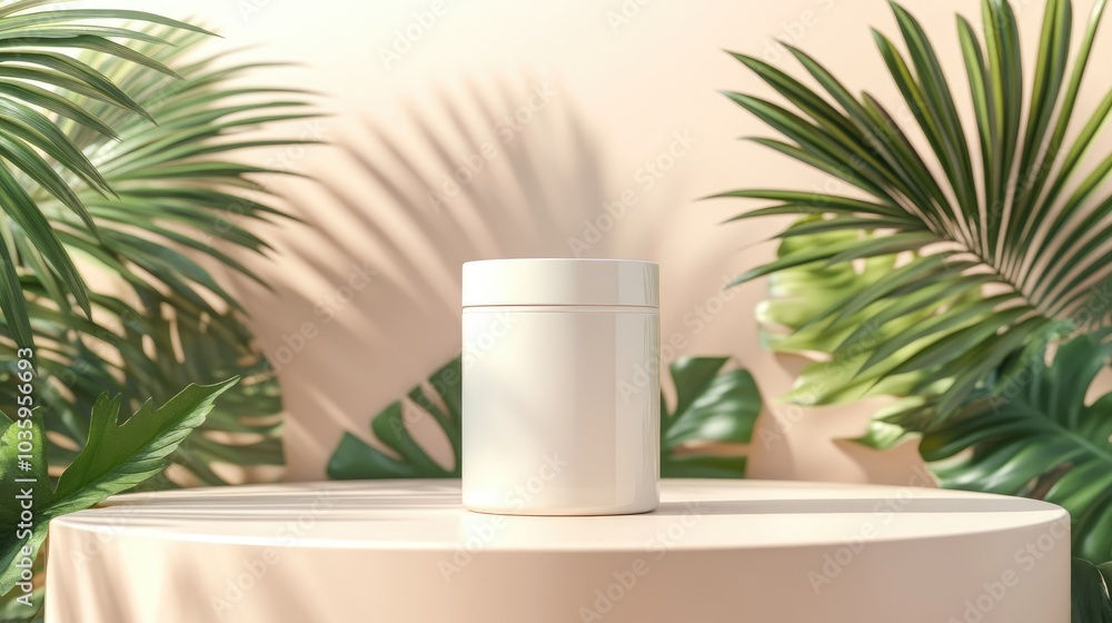 Empty white cylinder container set against a summer backdrop adorned with tropical palm leaves ideal for showcasing cosmetic products Flat lay perspective 3D render Empty white cylinder container set against a summer backdrop adorned with tropical palm leaves ideal for showcasing cosmetic products Flat lay perspective 3D render