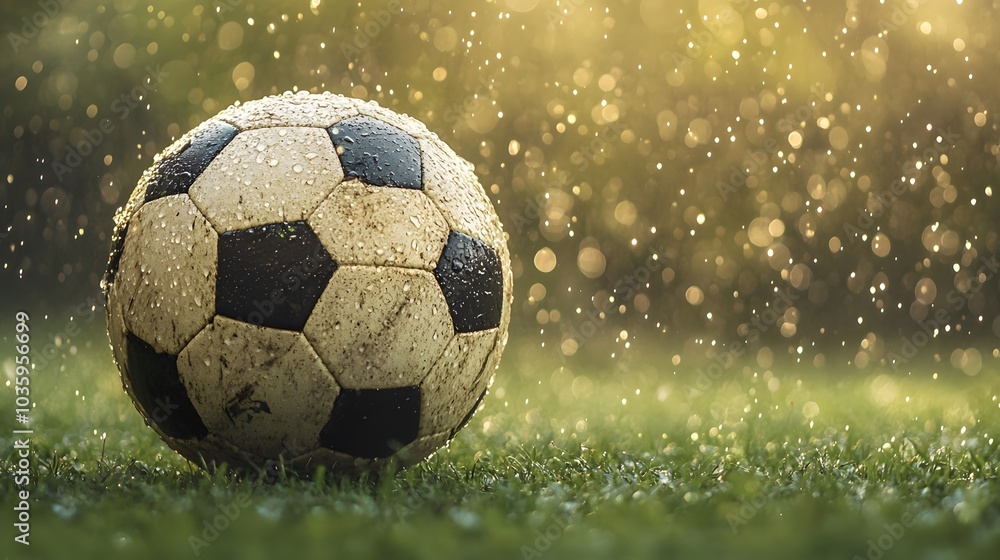 Naklejka premium Close-Up of Soccer Ball on Lush Green Grass