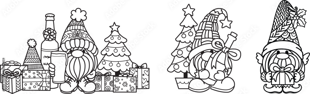 Fototapeta premium Set of Christmas gnomes for engraving, coloring and other design element. Vector illustration.