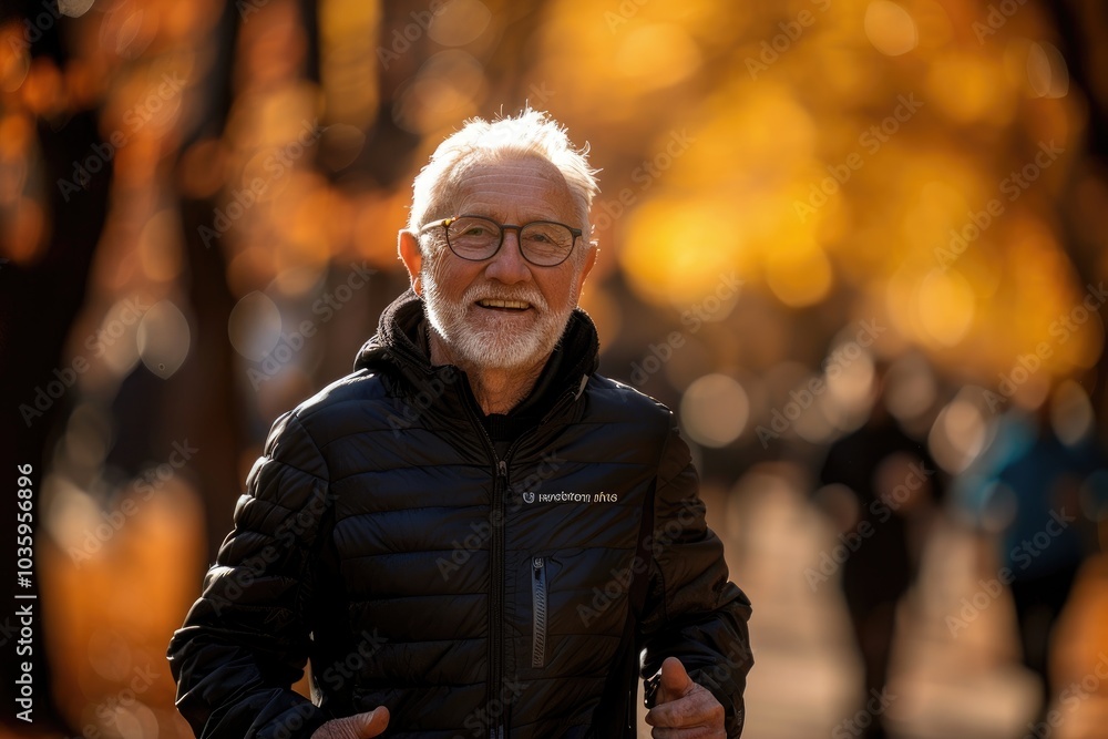 Smiling senior man running through autumn leaves in a park. Smiling senior man running through autumn leaves in a park.