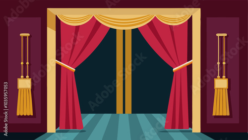 Rich velvet drapes tied back with gold tassels framing a door leading to a private balcony.