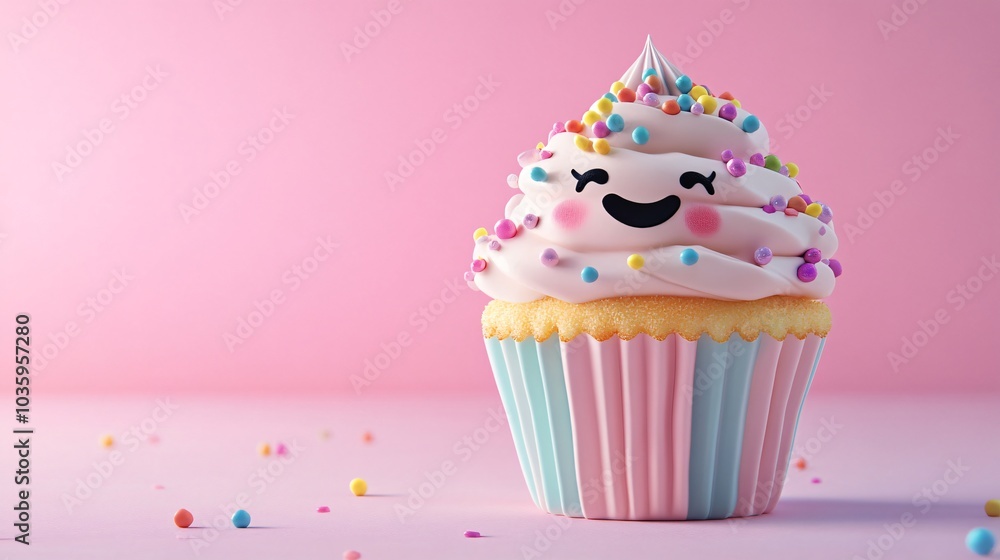 A single cupcake with pink frosting, colorful sprinkles, and a happy face sits on a pink background with scattered sprinkles. A single cupcake with pink frosting, colorful sprinkles, and a happy face sits on a pink background with scattered sprinkles.