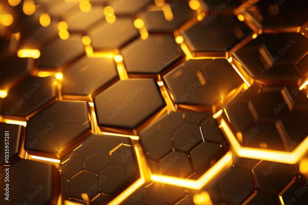 Abstract 3D Render of Gold Hexagonal Grid with Glowing Edges Abstract 3D Render of Gold Hexagonal Grid with Glowing Edges