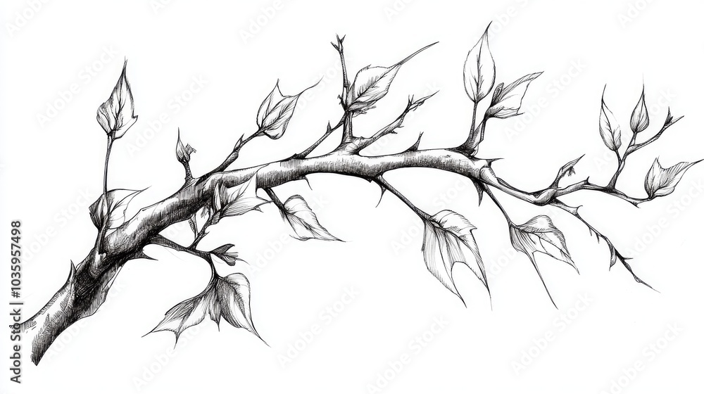 Fototapeta premium Hand drawn line art illustration of a branch featuring leaves and thorns