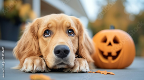 A nervous dog lies close to a carved Halloween pumpkin, showcasing its apprehension in the festive autumn atmosphere. Scared Golden Retriever puppy resting beside spooky Halloween pumpkin outdoors. photo