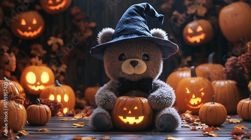 3D render of a cute bear wearing a witch hat surrounded by pumpkins and Halloween decorations