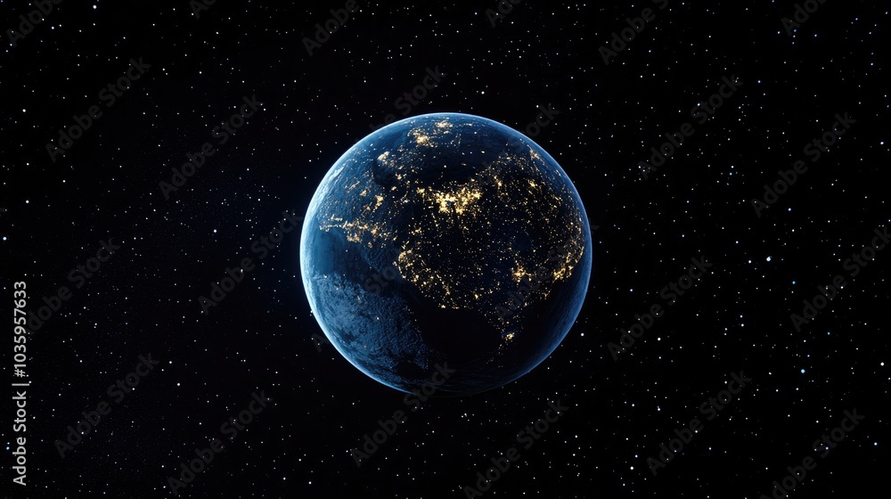3D cartoon depiction of the Earth planet at night in outer space showcasing city lights The Earth globe is isolated against a black background representing a solar system element 3D cartoon depiction of the Earth planet at night in outer space showcasing city lights The Earth globe is isolated against a black background representing a solar system element