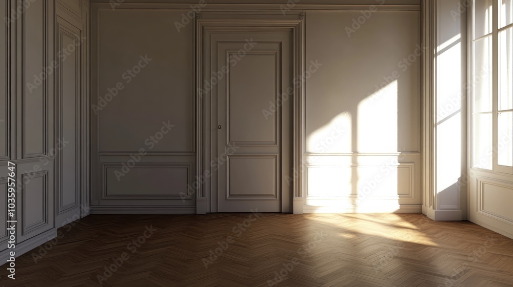 Fototapeta premium 3D rendering of an empty interior space featuring white walls and wooden flooring with a door positioned in the corner