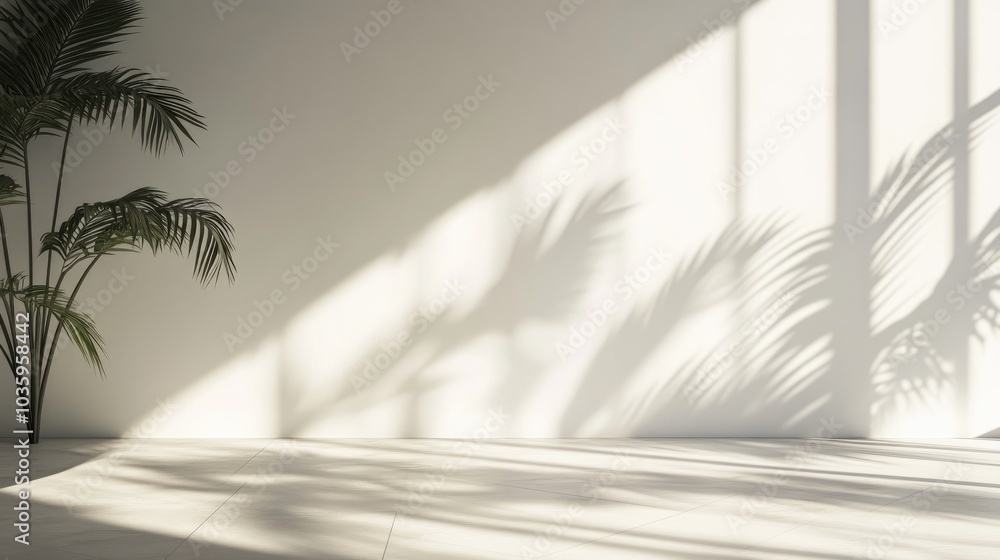 3D rendering of a minimalist room featuring palm shadows 3D rendering of a minimalist room featuring palm shadows