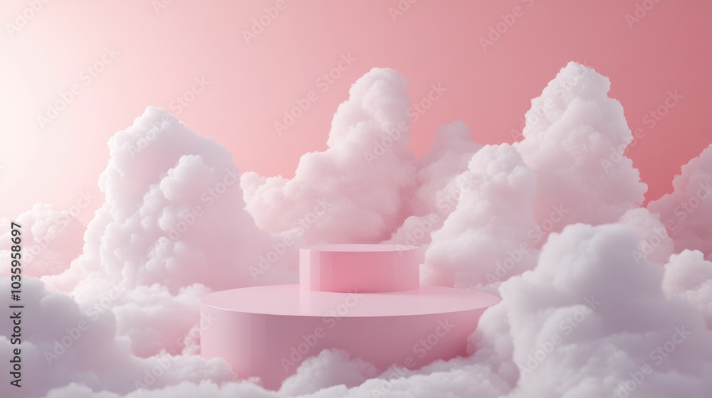 Pastel podium surrounded by clouds on a soft colored background 3D rendering Pastel podium surrounded by clouds on a soft colored background 3D rendering